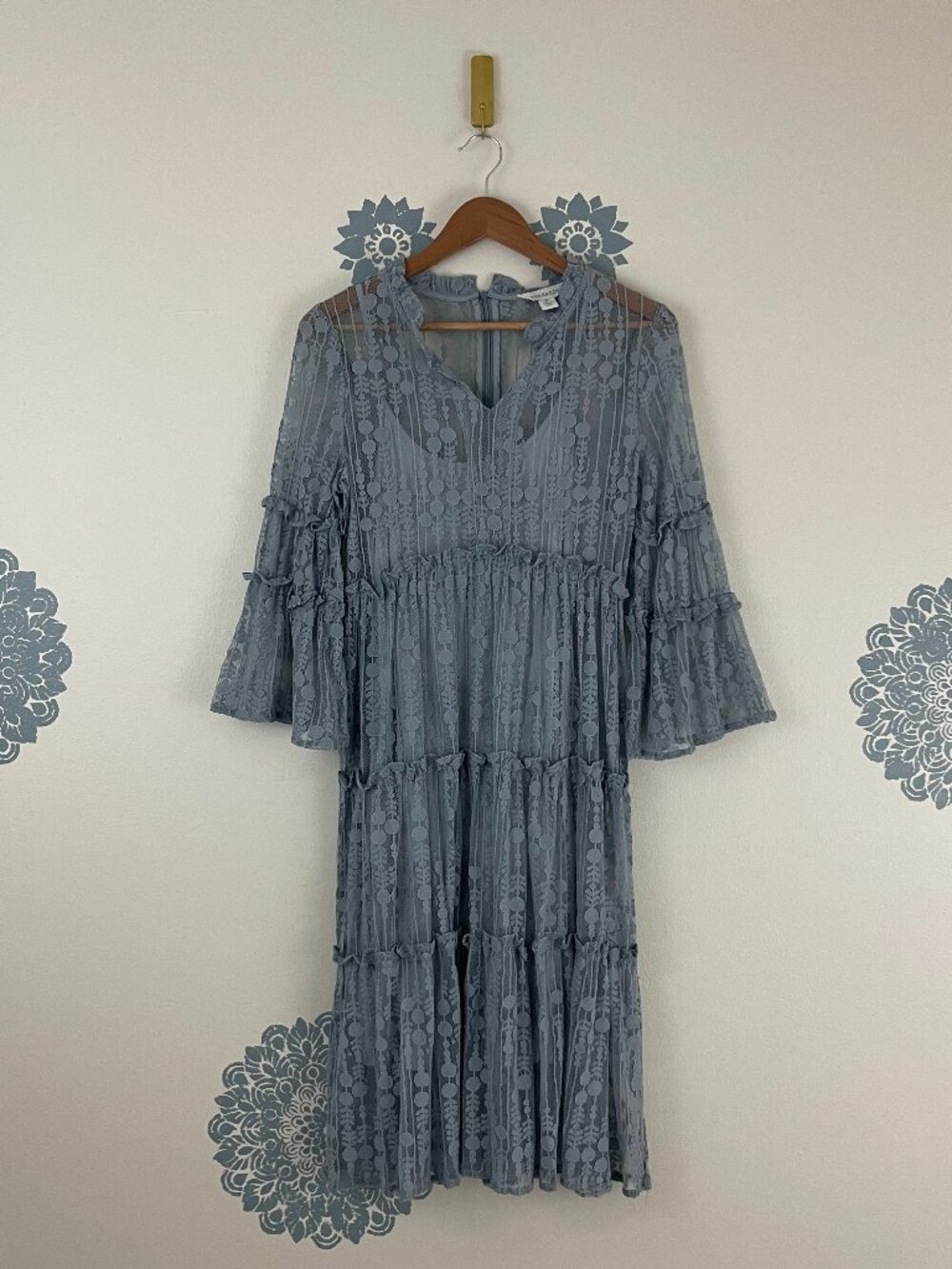 Sundance Dusty Blue Lace Eyelet Flare Sleeve Midi Dress Size XS